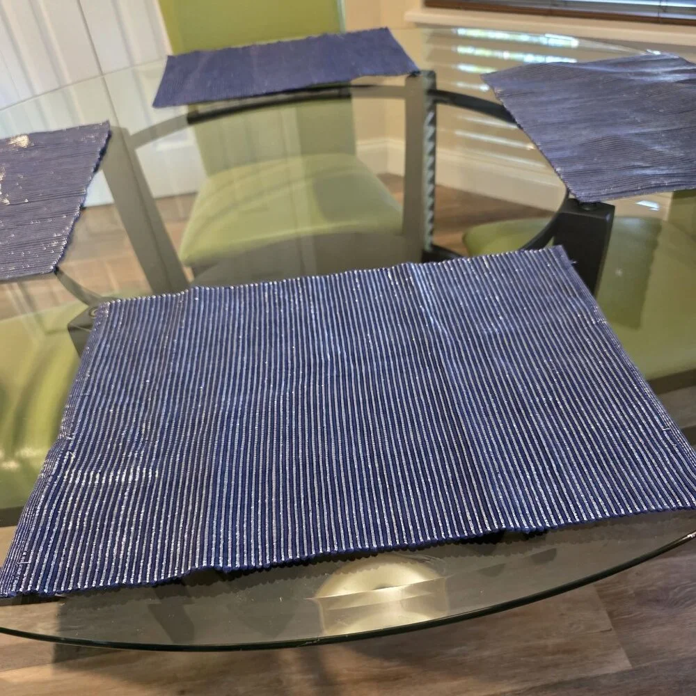 Woven Blue & Shiny Silver Thread Striped‎ Placemats - Set Of 4 - 18